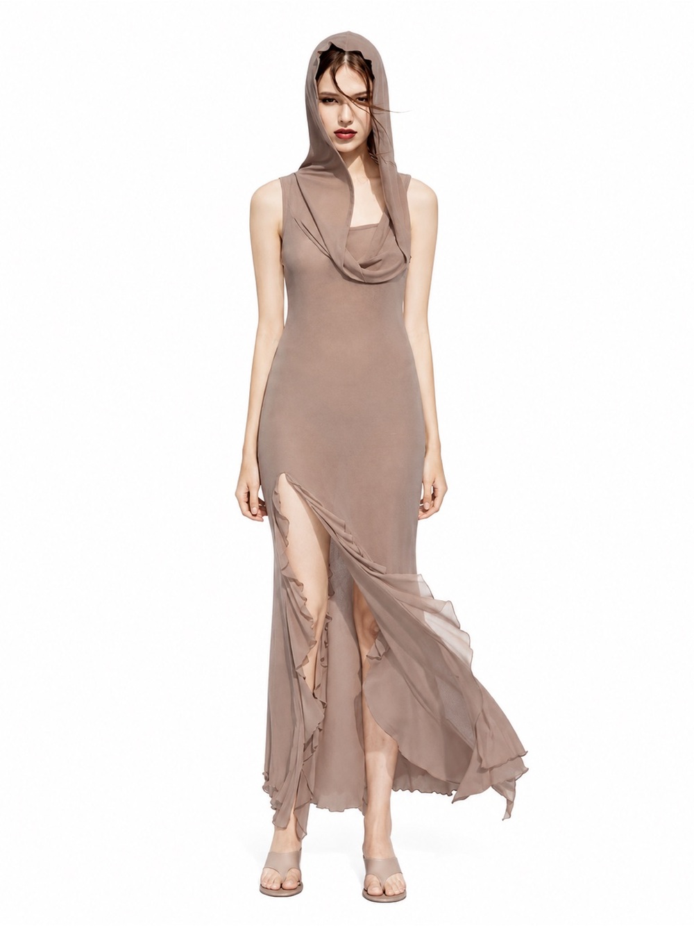CYBERBUNNY Taupe Hooded Mesh Maxi Dress | Size M | Ruffle Slit